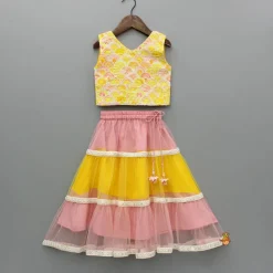 Sale Yellow Printed Embroidered Top And Dual Tone Lehenga With Dupatta Ethnic Wear | Lehengas & Ghagras