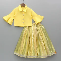 Hot Yellow Shirt Style Top And Multicoloured Colour Blocked Lehenga Ethnic Wear | Lehengas & Ghagras