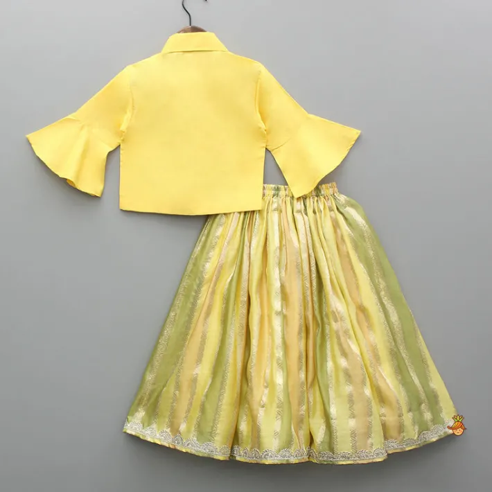 Hot Yellow Shirt Style Top And Multicoloured Colour Blocked Lehenga Ethnic Wear | Lehengas & Ghagras