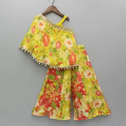 New Yellow Strappy Top With Multicolour Printed Cape And Palazzo Ethnic Wear | Palazzos & Shararas