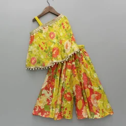 New Yellow Strappy Top With Multicolour Printed Cape And Palazzo Ethnic Wear | Palazzos & Shararas