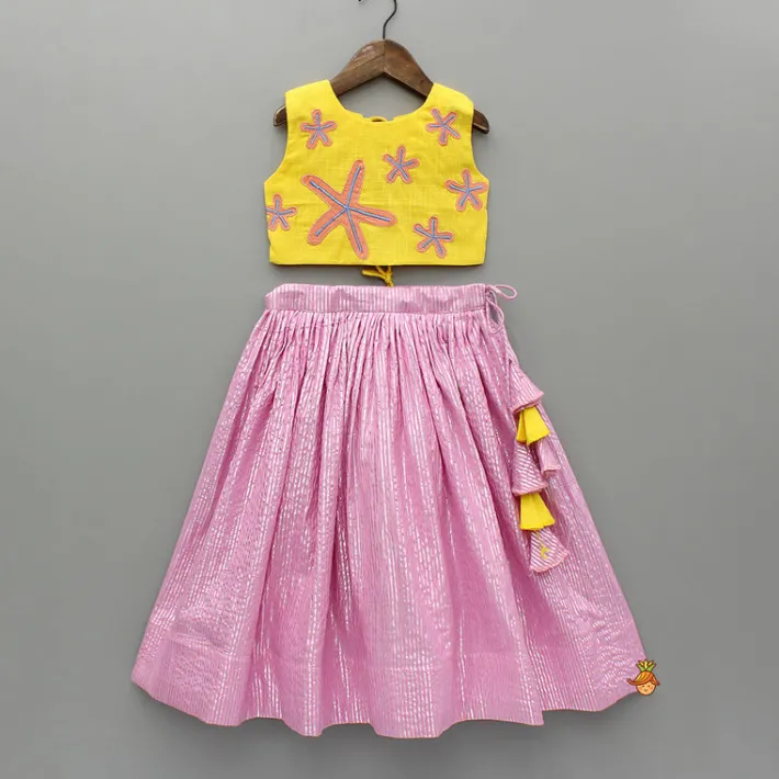 New Yellow Thread Embroidered Crop Top And Pleated Lehenga Ethnic Wear | Lehengas & Ghagras