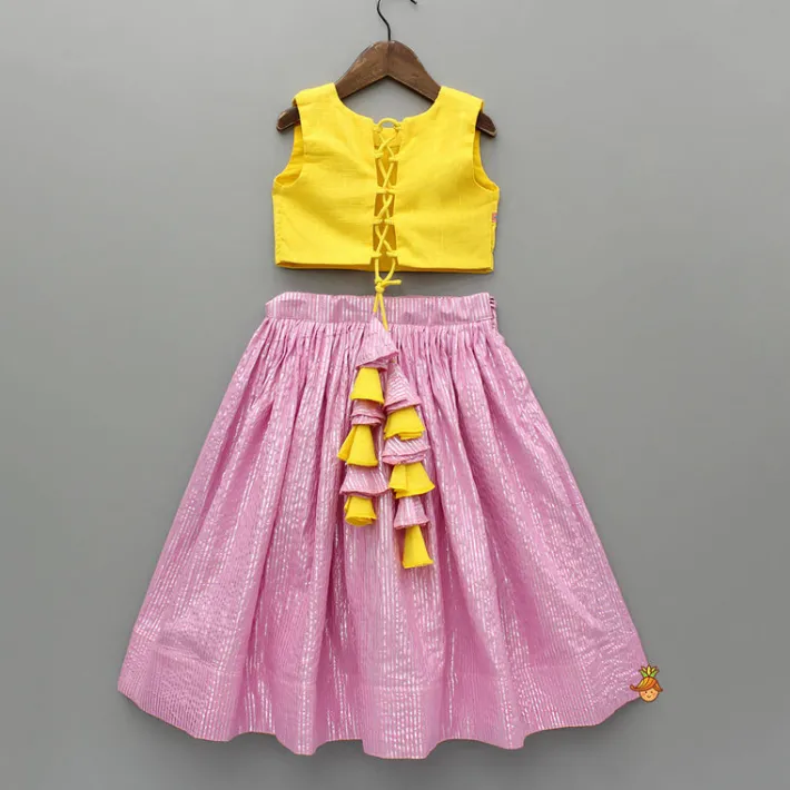 New Yellow Thread Embroidered Crop Top And Pleated Lehenga Ethnic Wear | Lehengas & Ghagras