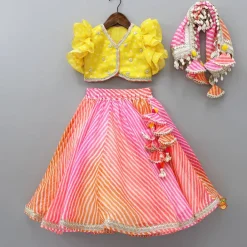 Hot Yellow Top And Leheriya Printed Flared Lehenga With Matching Dupatta Ethnic Wear | Lehengas & Ghagras