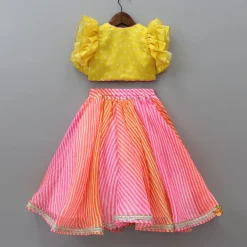 Hot Yellow Top And Leheriya Printed Flared Lehenga With Matching Dupatta Ethnic Wear | Lehengas & Ghagras