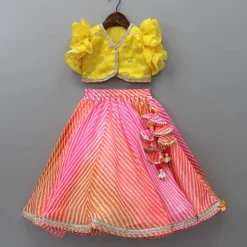 Hot Yellow Top And Leheriya Printed Flared Lehenga With Matching Dupatta Ethnic Wear | Lehengas & Ghagras