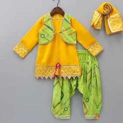 New Yellow Velvet Kurti With Bandhani Printed Tie Up Jacket And Salwar With Matching Dupatta Ethnic Wear | Churidars & Salwars