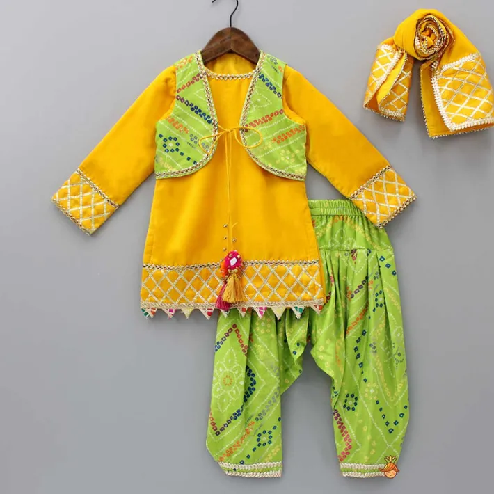 New Yellow Velvet Kurti With Bandhani Printed Tie Up Jacket And Salwar With Matching Dupatta Ethnic Wear | Churidars & Salwars