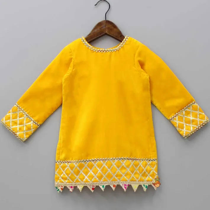 New Yellow Velvet Kurti With Bandhani Printed Tie Up Jacket And Salwar With Matching Dupatta Ethnic Wear | Churidars & Salwars