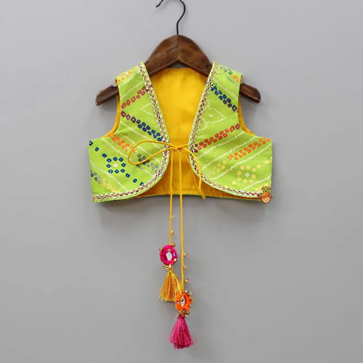 New Yellow Velvet Kurti With Bandhani Printed Tie Up Jacket And Salwar With Matching Dupatta Ethnic Wear | Churidars & Salwars