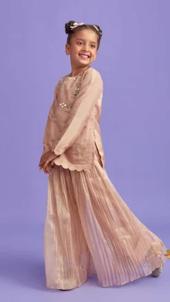 Fashion Yoke Mirror Work Peach Tissue Kurti And Flared Pleated Palazzo With Dupatta Ethnic Wear | Palazzos & Shararas