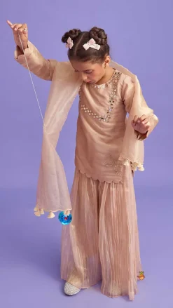 Fashion Yoke Mirror Work Peach Tissue Kurti And Flared Pleated Palazzo With Dupatta Ethnic Wear | Palazzos & Shararas