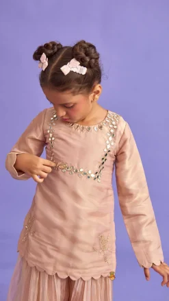 Fashion Yoke Mirror Work Peach Tissue Kurti And Flared Pleated Palazzo With Dupatta Ethnic Wear | Palazzos & Shararas