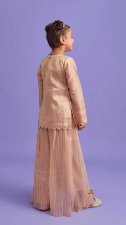 Fashion Yoke Mirror Work Peach Tissue Kurti And Flared Pleated Palazzo With Dupatta Ethnic Wear | Palazzos & Shararas