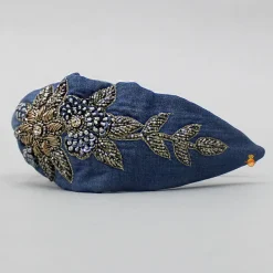New Zardozi Work Denim Blue Knotted Hair Band Hair Accessories | Hair Bands