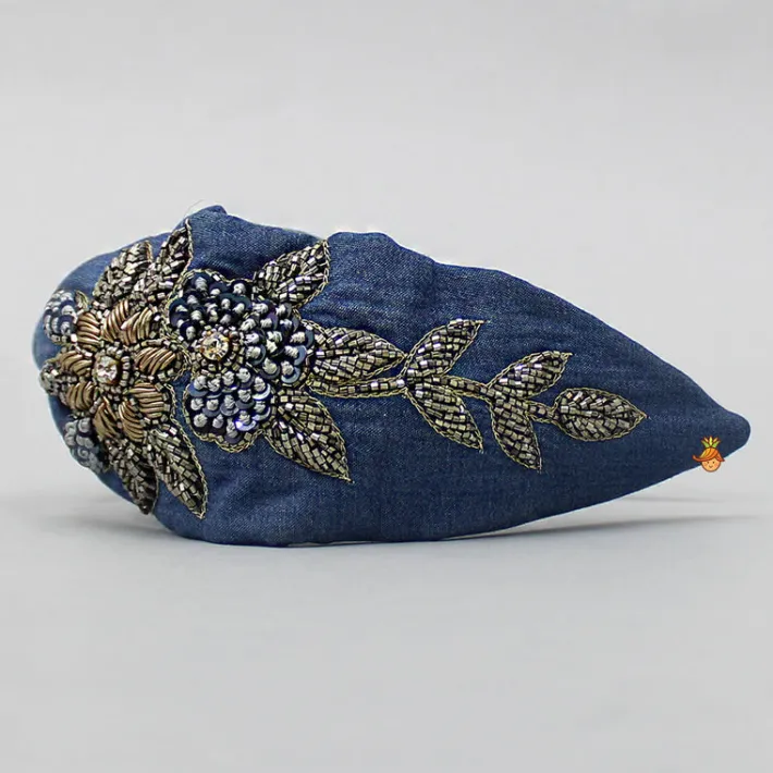 New Zardozi Work Denim Blue Knotted Hair Band Hair Accessories | Hair Bands