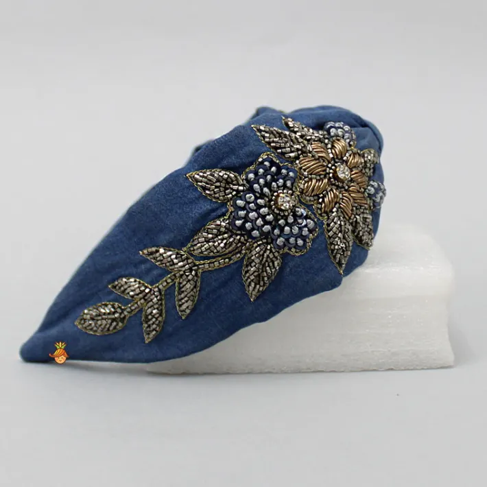 New Zardozi Work Denim Blue Knotted Hair Band Hair Accessories | Hair Bands
