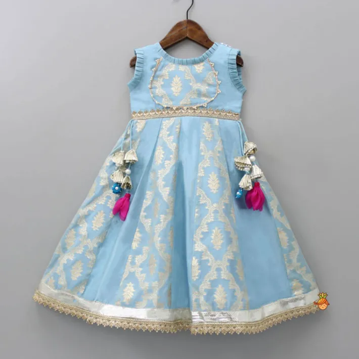 Online Zari Brocade Embroidered Lace Work Dress With Attached Drape Dupatta Ethnic Wear | Kurtis & Jumpsuits