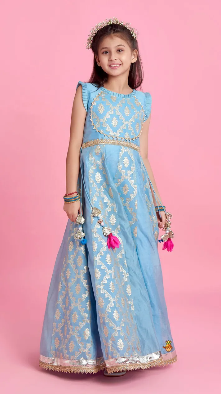 Online Zari Brocade Embroidered Lace Work Dress With Attached Drape Dupatta Ethnic Wear | Kurtis & Jumpsuits