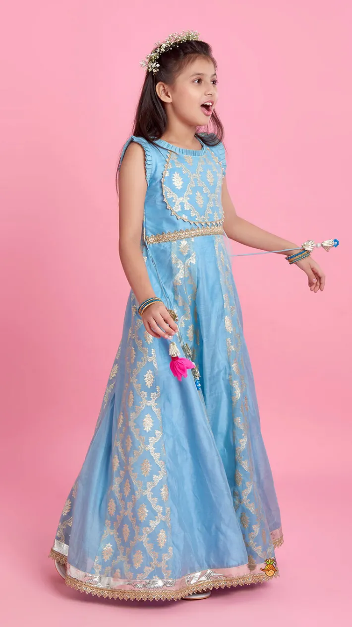 Online Zari Brocade Embroidered Lace Work Dress With Attached Drape Dupatta Ethnic Wear | Kurtis & Jumpsuits