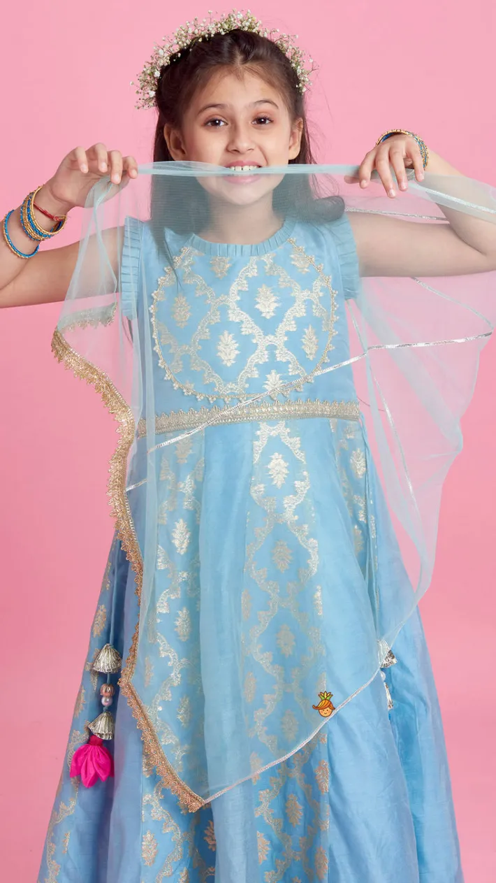 Online Zari Brocade Embroidered Lace Work Dress With Attached Drape Dupatta Ethnic Wear | Kurtis & Jumpsuits