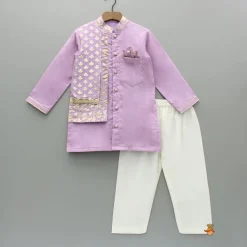 Hot Zari Embroidered Front Open Flap Kurta And Off White Pyjama BOY Twinning Sets | Indian Ethnic Wear