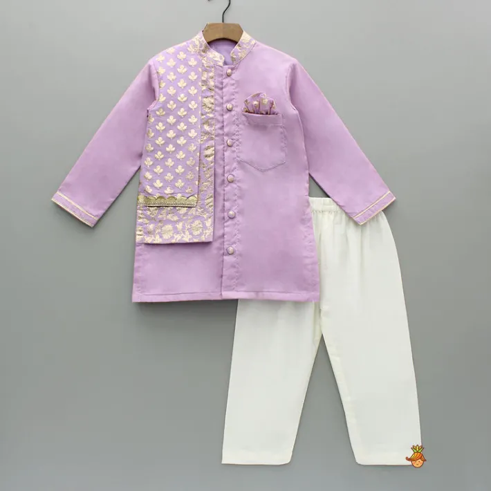 Hot Zari Embroidered Front Open Flap Kurta And Off White Pyjama BOY Twinning Sets | Indian Ethnic Wear