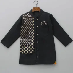 Hot Zari Embroidered Front Open Black Kurta And Pyjama BOY Indian Ethnic Wear | Ethnic Sets